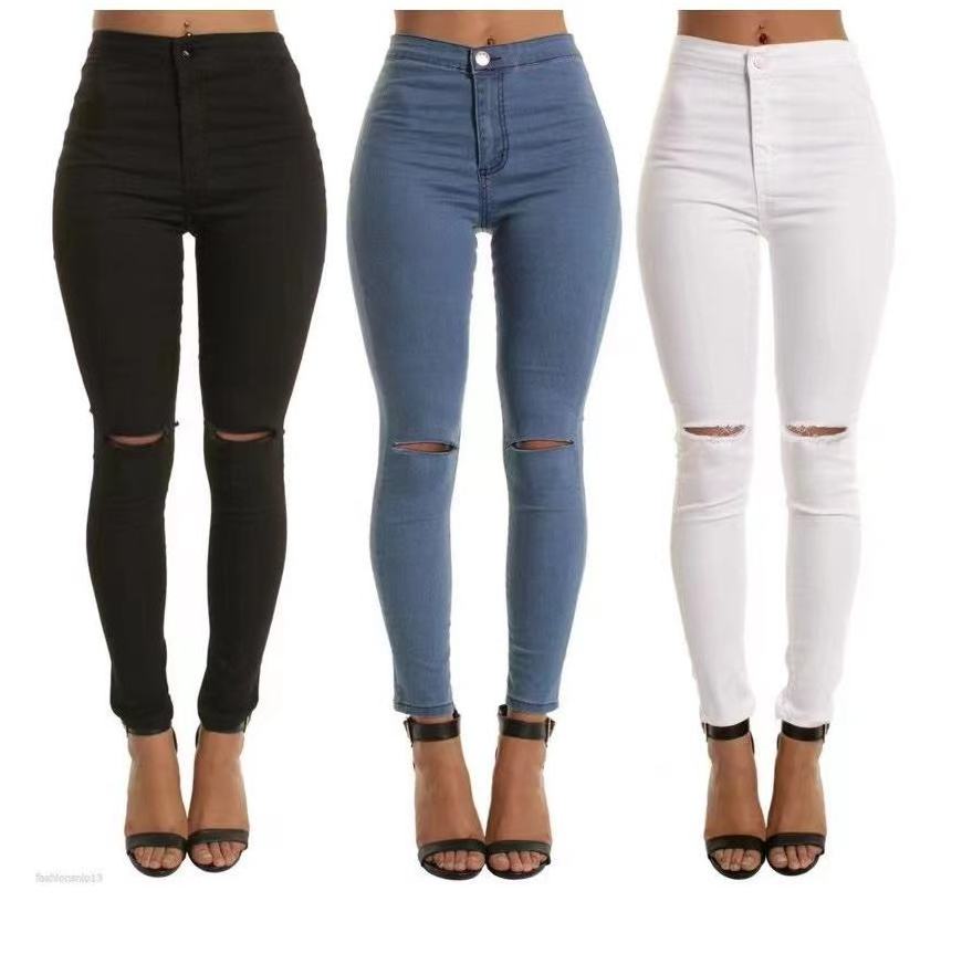 Hot Sale High Waist Breasted Women's Skinny Jeans Hip Lift Elastic Skinny Jeans