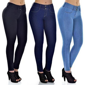 Hot Sale High Waist Breasted Women's Skinny Jeans Hip Lift Elastic Skinny Jeans