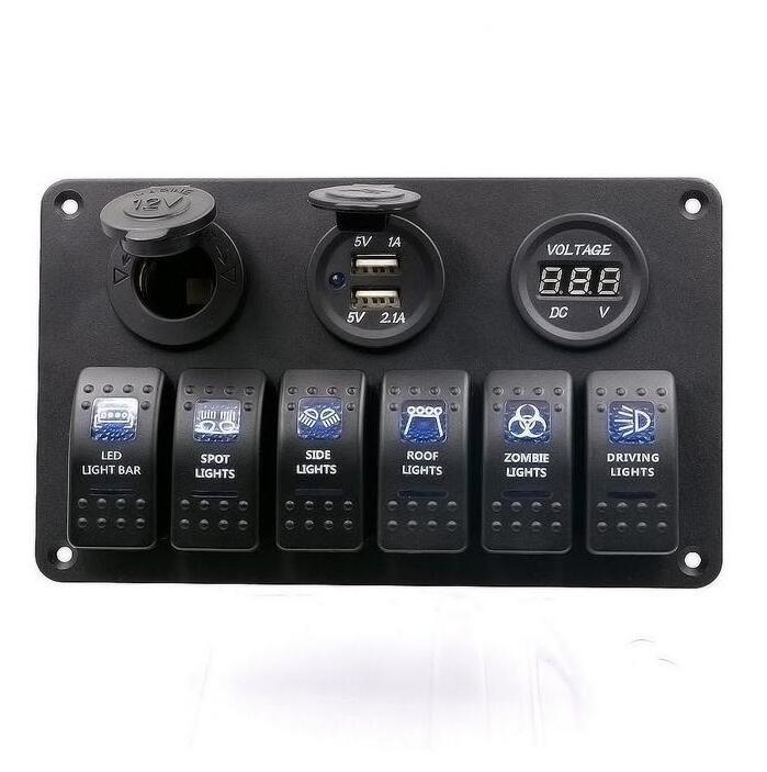 6 Gang Control switch Panel 12-24V ABS Waterproof RV Boat Marine Green LED Rocker Switch Panel Circuit Breaker