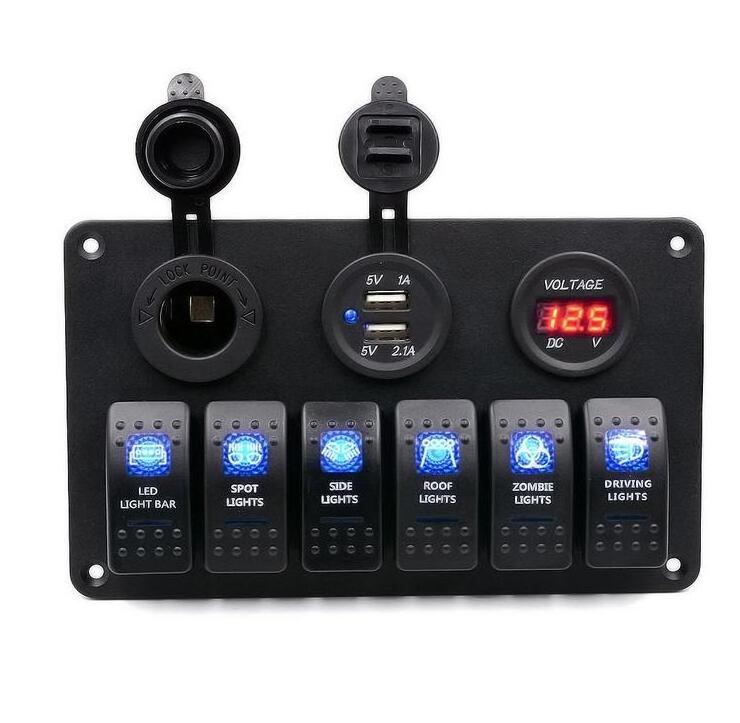 6 Gang Control switch Panel 12-24V ABS Waterproof RV Boat Marine Green LED Rocker Switch Panel Circuit Breaker