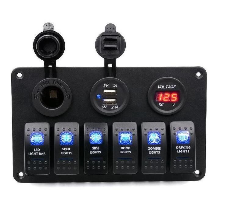 6 Gang Control switch Panel 12-24V ABS Waterproof RV Boat Marine Green LED Rocker Switch Panel Circuit Breaker