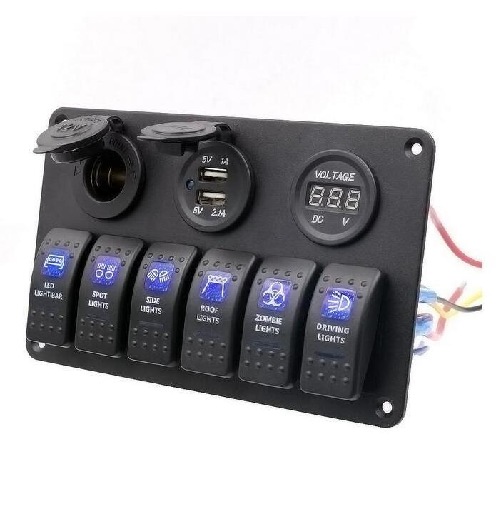 6 Gang Control switch Panel 12-24V ABS Waterproof RV Boat Marine Green LED Rocker Switch Panel Circuit Breaker