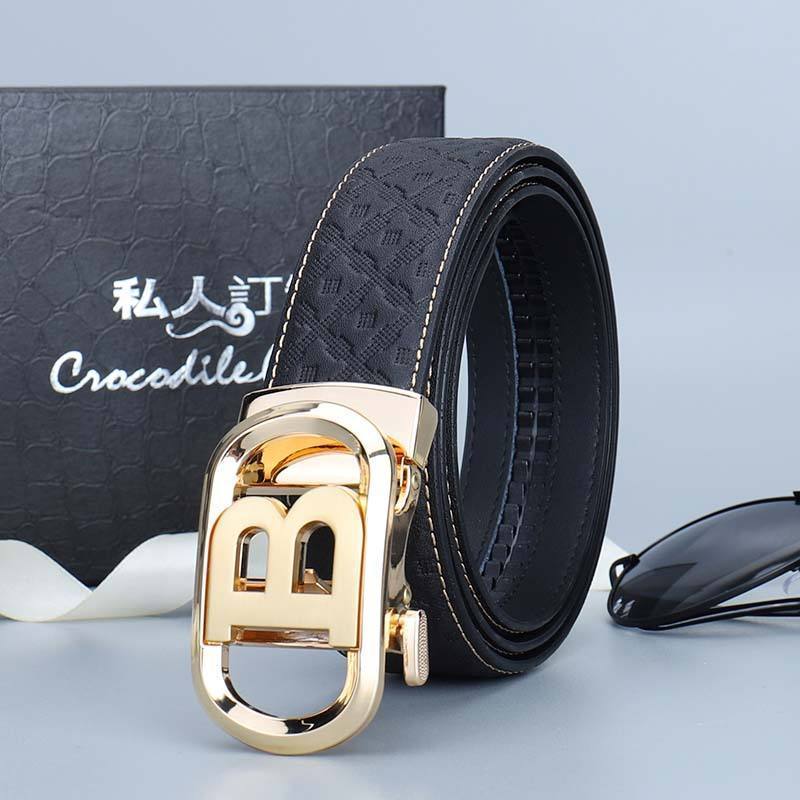 The Latest Design Stainless Steel Men's Alligator Automatic Buckle B Letter Gold Buckle Leather Belt Monogrammed Leather Belt