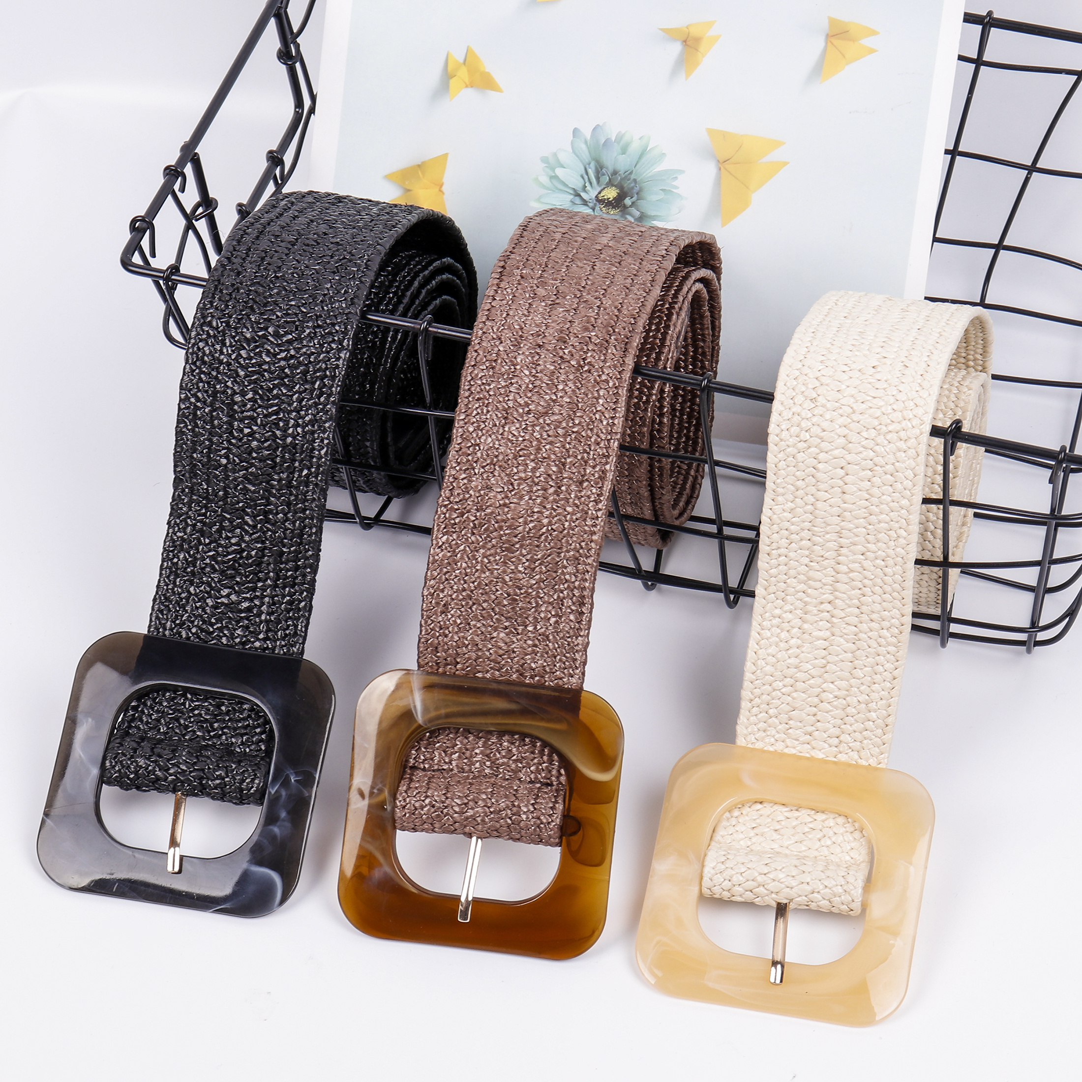 Wholesale Private Label Square Resin Buckle Elastic Weaving Belts