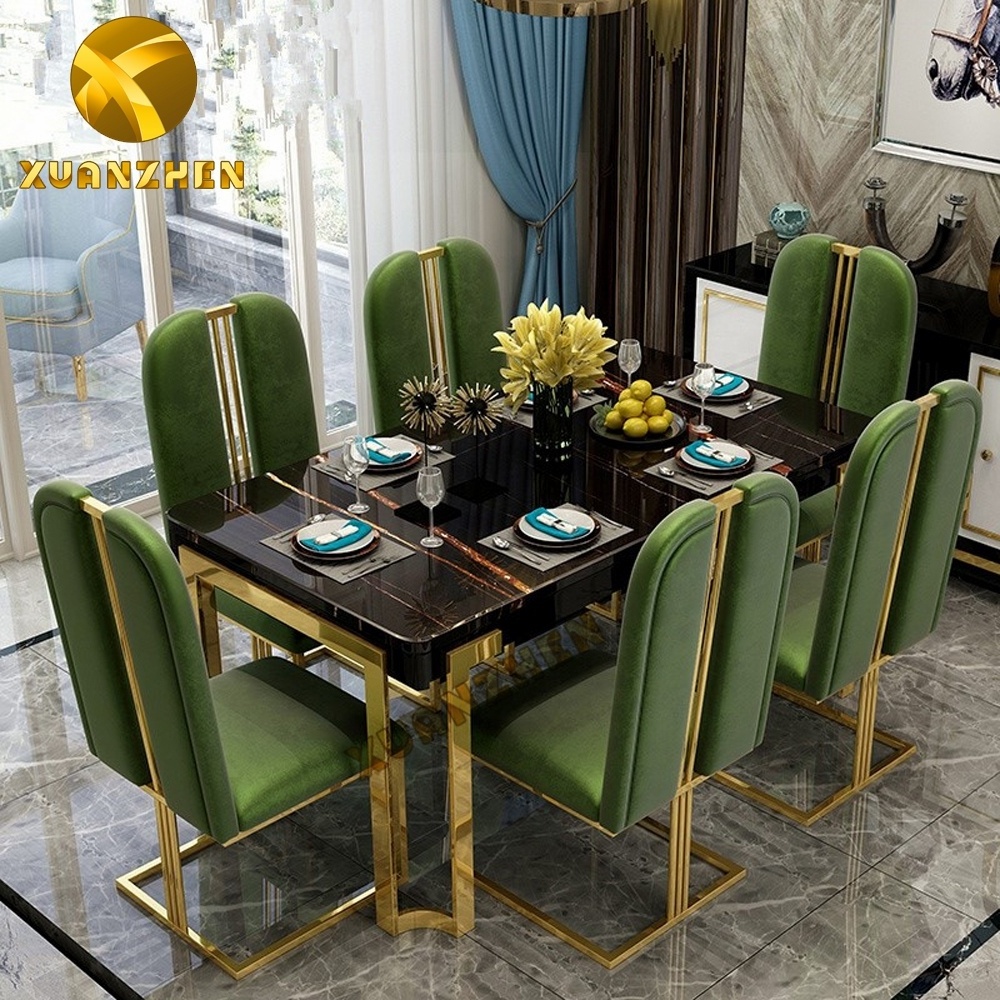 Dining room furniture dinning table set stainless steel designs tempered glass top dining table and 6 chairs set DT010