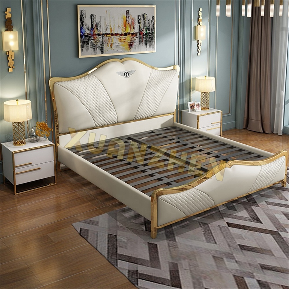 Bedroom furniture queen size leather sofa luxury bed set golden metal bed frame hotel wooden modern beds Y-X16