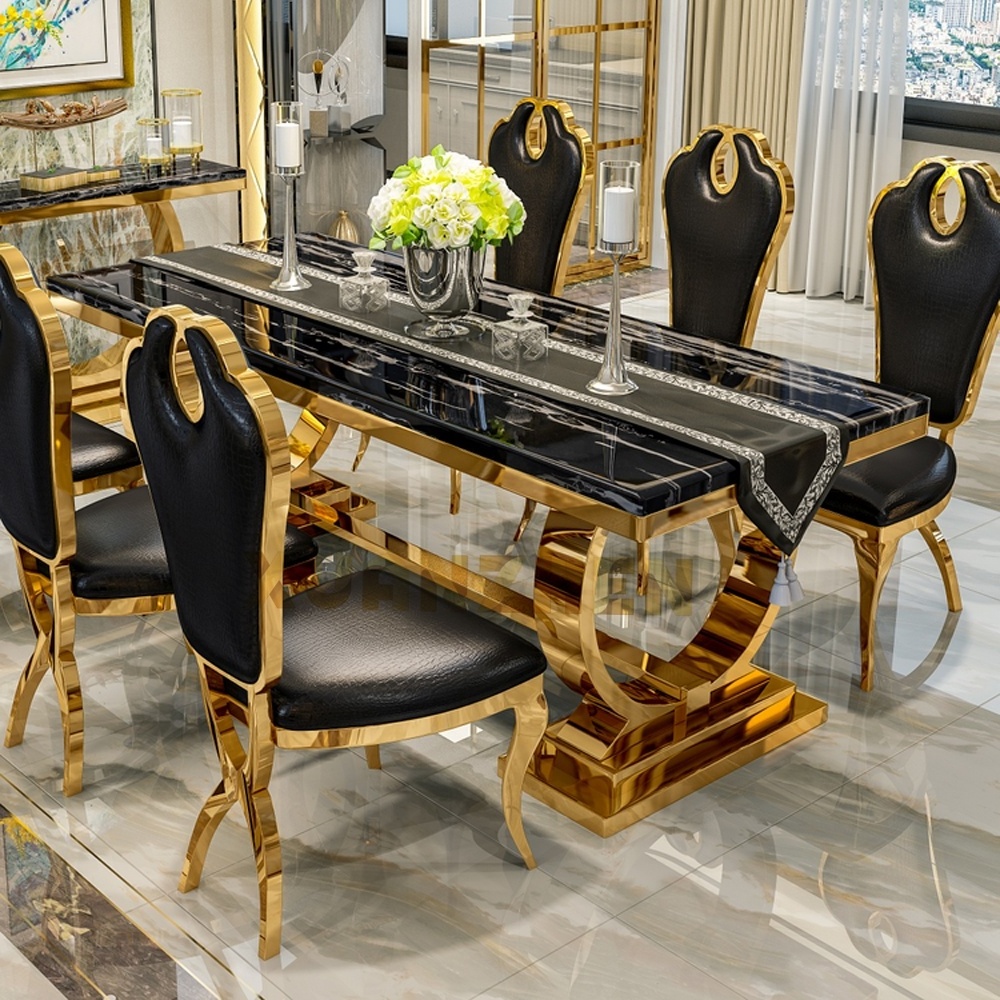 Luxury home furniture silver grey stainless steel restaurant dining table set modern rectangular marble dining tables