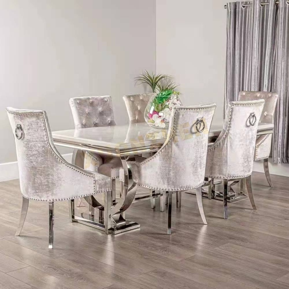 Luxury home furniture silver grey stainless steel restaurant dining table set modern rectangular marble dining tables