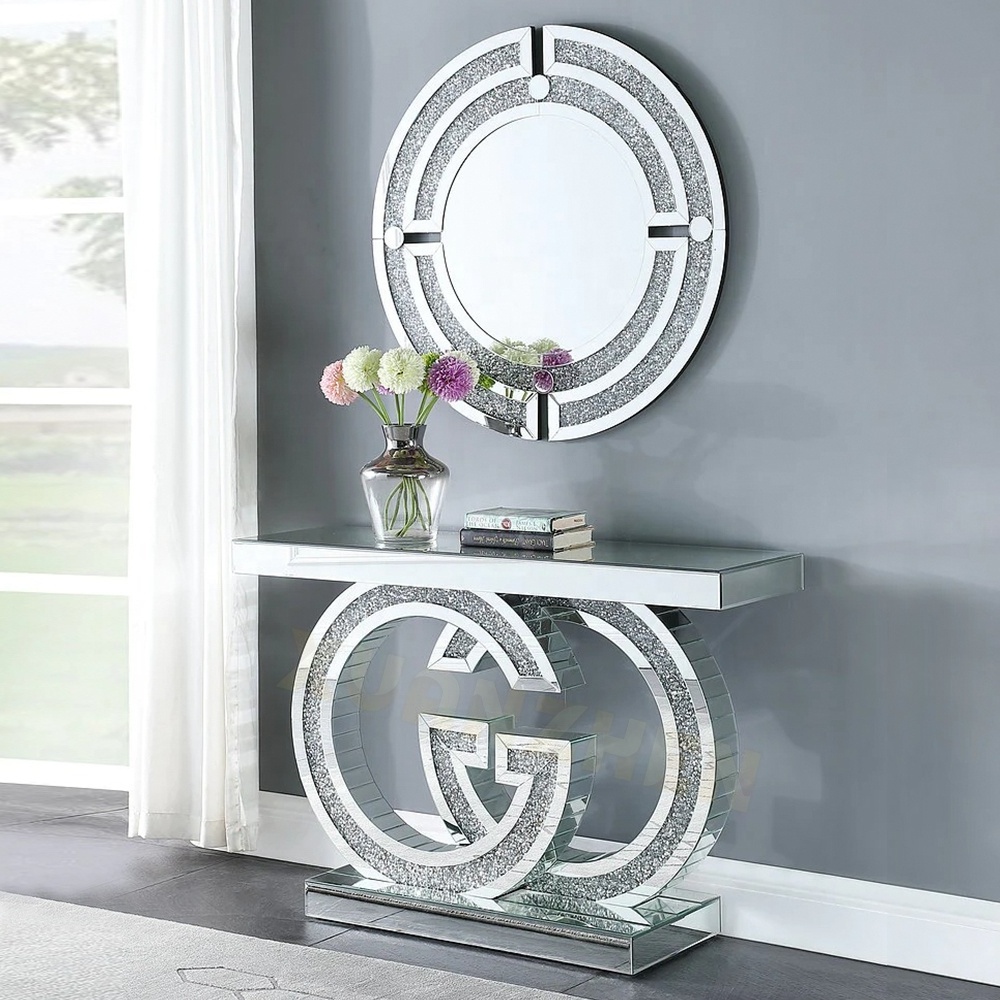 Living room furniture glass console tables set mirror metal stainless steel modern mirrored console table with led