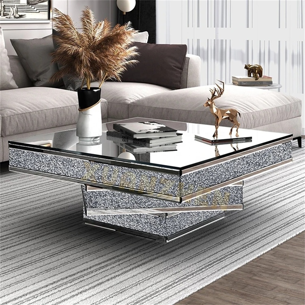 Living room furniture luxury center table modern glass mirror coffee table crushed diamond coffee table for sale