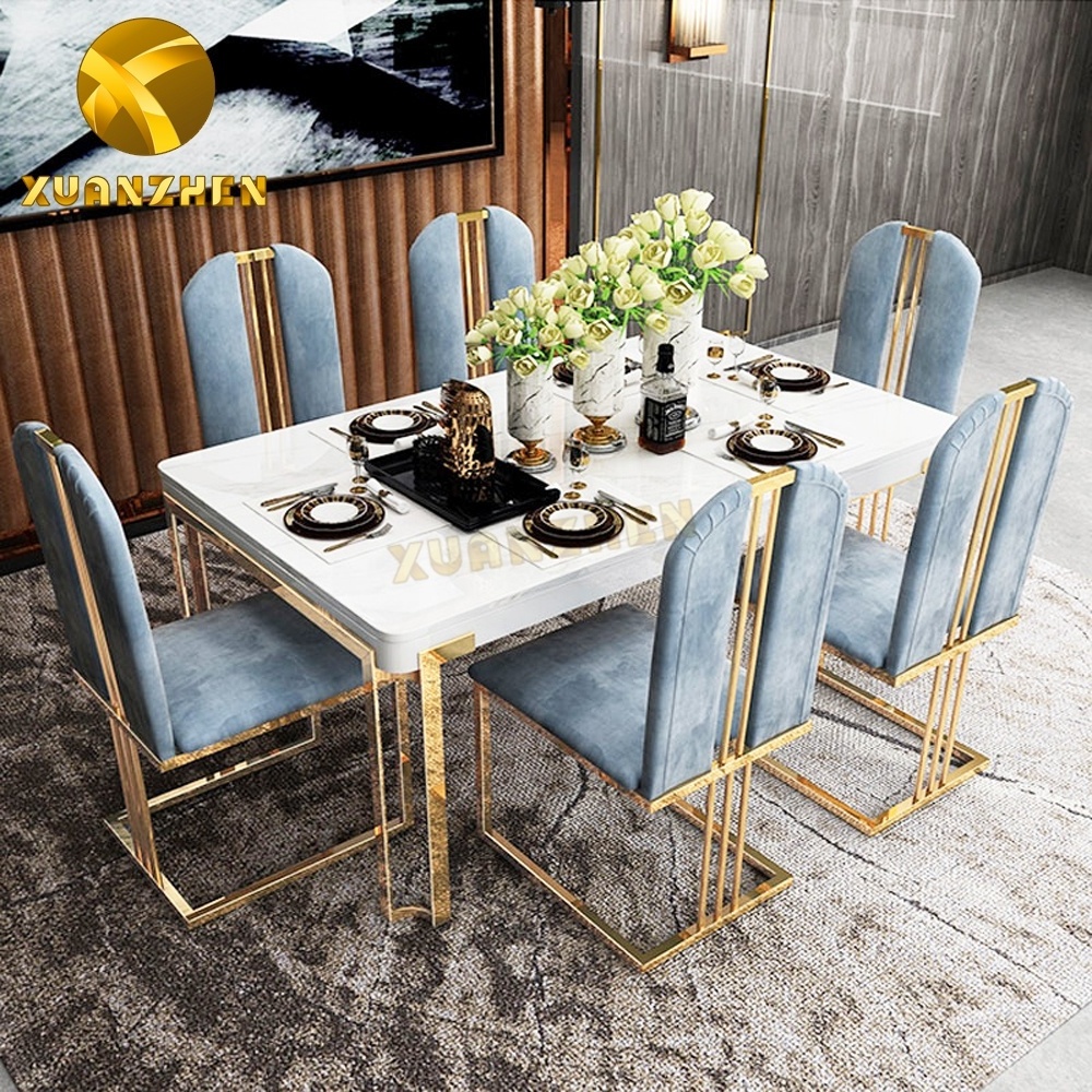 Dining room furniture dinning table set stainless steel designs tempered glass top dining table and 6 chairs set DT010