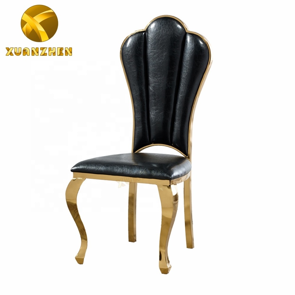 Home furniture factory metal wedding hotel chair modern gold dinning chair black leather dining chair for sale