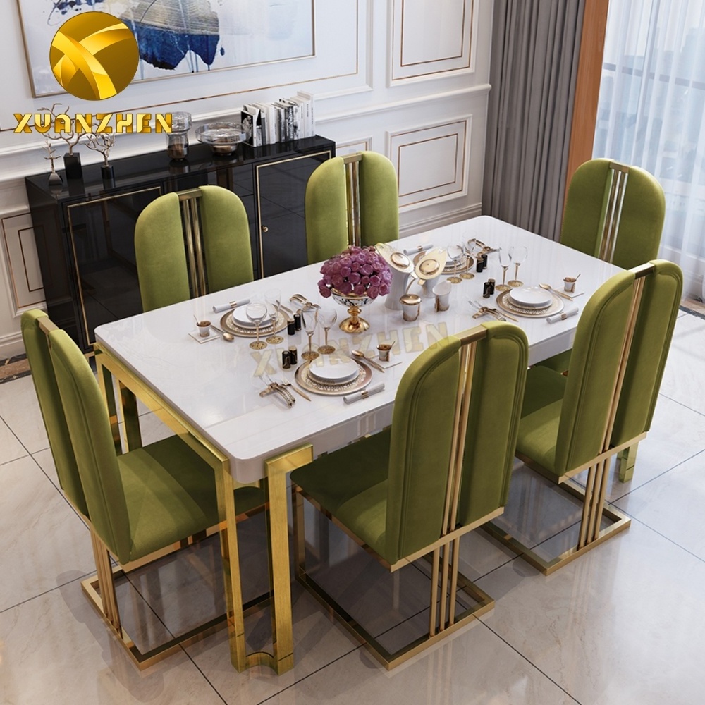 Dining room furniture dinning table set stainless steel designs tempered glass top dining table and 6 chairs set DT010