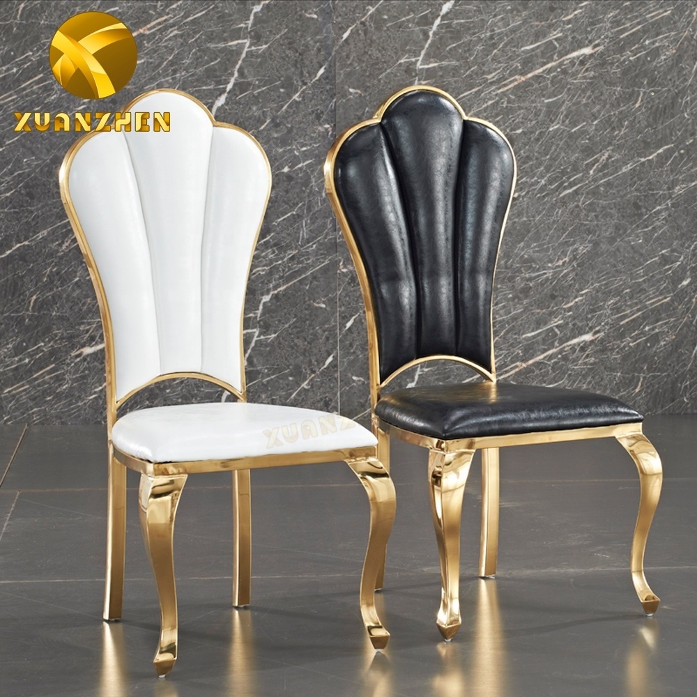 Home furniture factory metal wedding hotel chair modern gold dinning chair black leather dining chair for sale