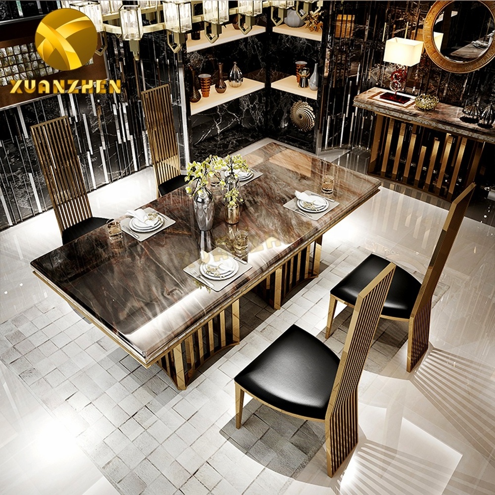 Metal furniture sets gold stainless steel dinning table marble dining table set modern dining table with 10 seaters DT018