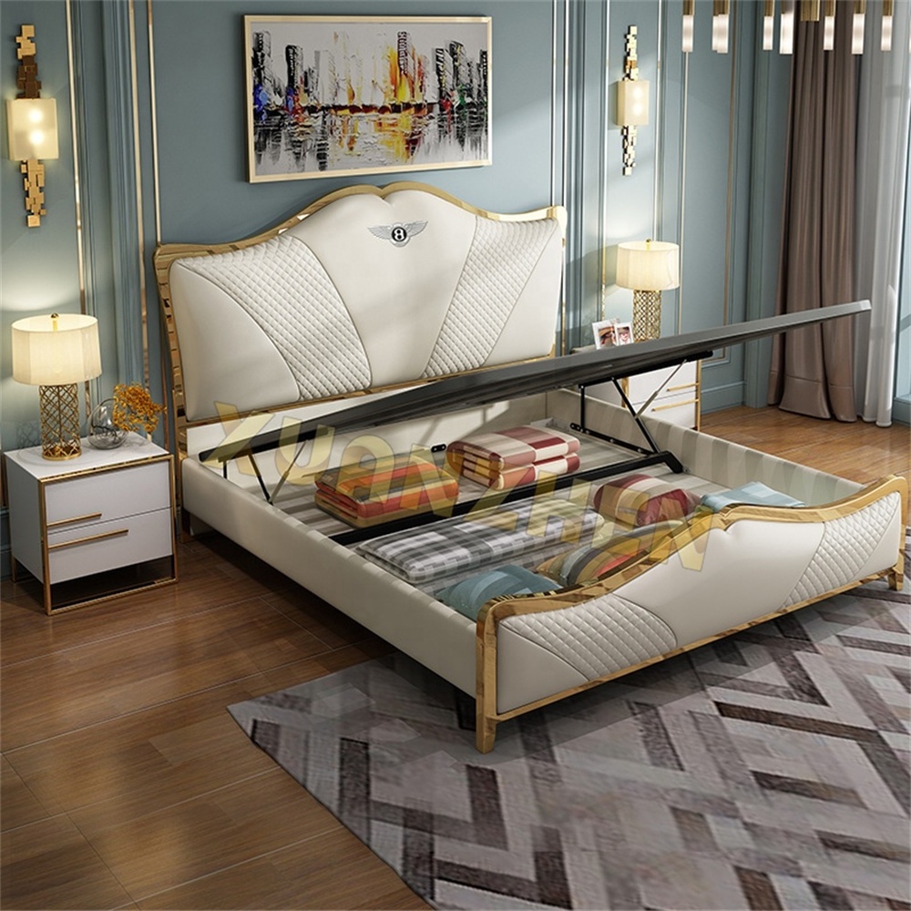 Bedroom furniture queen size leather sofa luxury bed set golden metal bed frame hotel wooden modern beds Y-X16