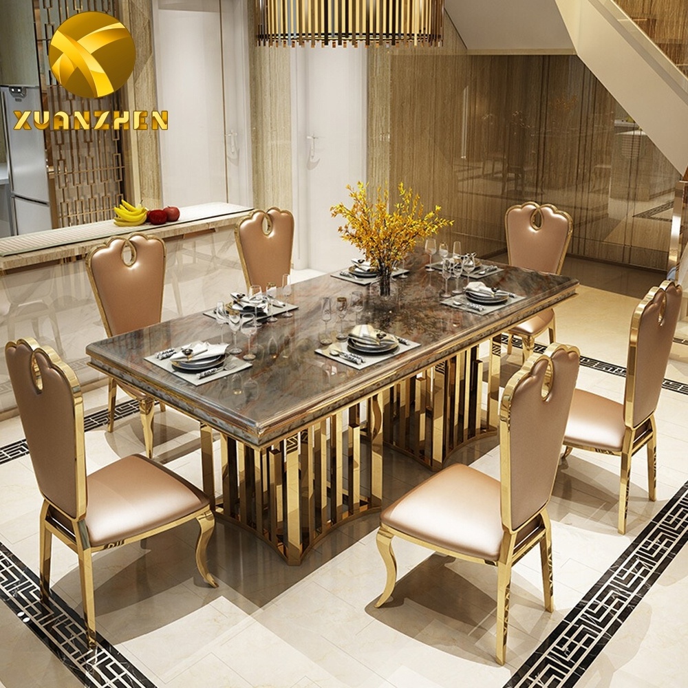 Metal furniture sets gold stainless steel dinning table marble dining table set modern dining table with 10 seaters DT018