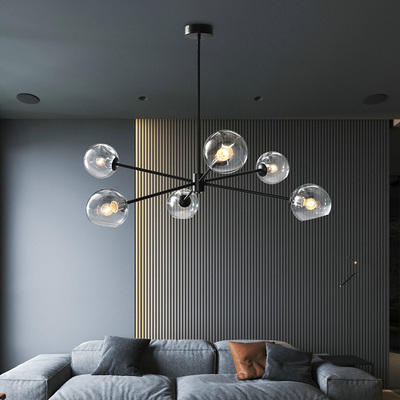 Modern Chandelier Indoor Black Body Glass Pendant Light 6 Lights Ceiling Hanging Light Fixtures for Kitchen Bedroom Dining Room