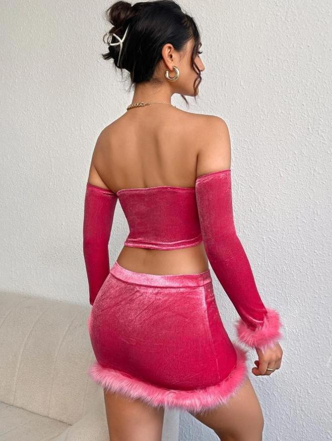 New arrival high quality fuzzy trim crop top skirt set top fashion hot pink strapless sexy velvet two piece set for women