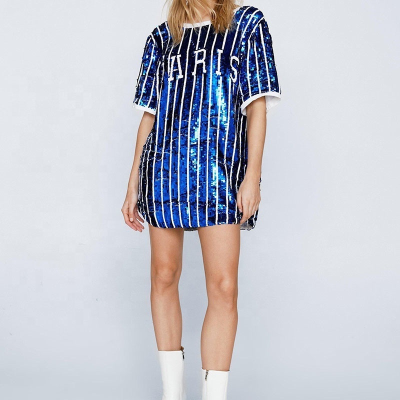 Luxury Short Sleeve Oversized Sequin Stripe Girls Baseball Dress Summer Round Neck Full Body Sequin Women T Shirt Dresses