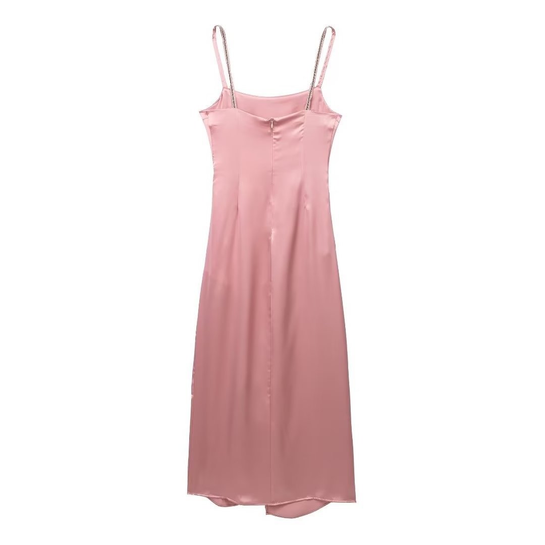 Summer sexy suspender dress pink pleated satin fabric plain smooth sleeveless solid color oversize custom lady dresses