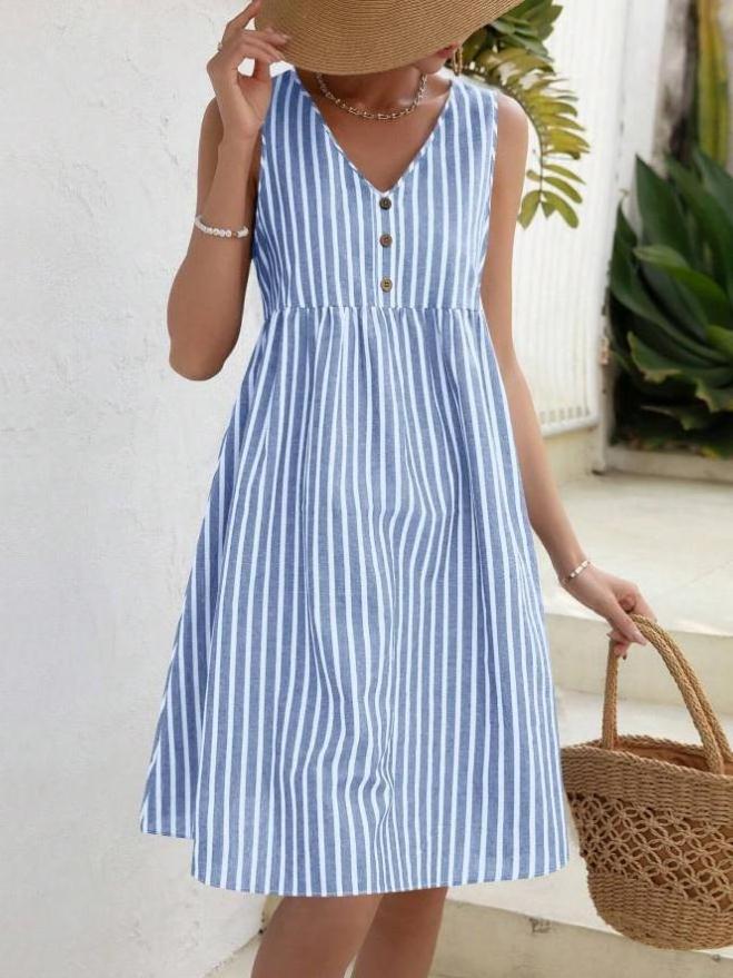 Hot sale popular fashion v neck striped dress high waist striped print button front sleeveless smock dress for women