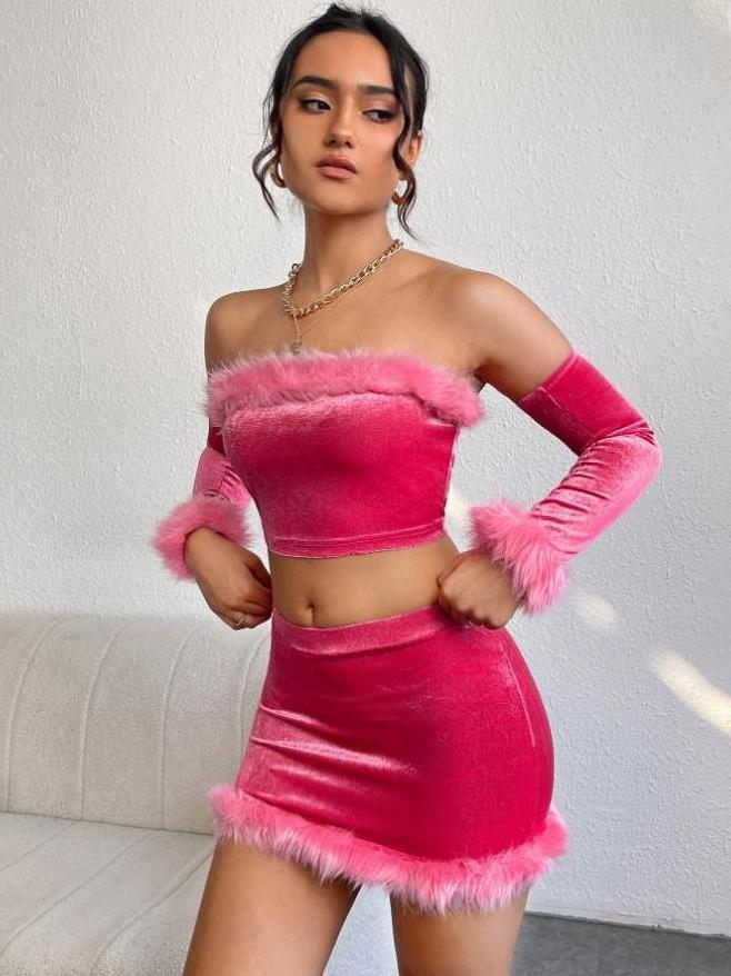 New arrival high quality fuzzy trim crop top skirt set top fashion hot pink strapless sexy velvet two piece set for women