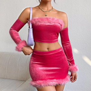 New arrival high quality fuzzy trim crop top skirt set top fashion hot pink strapless sexy velvet two piece set for women