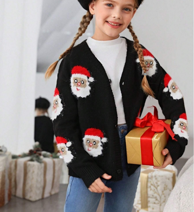 Wholesale supplier button front oversized cardigan hot sale loose fit open front santa girls cardigan sweater for christmas