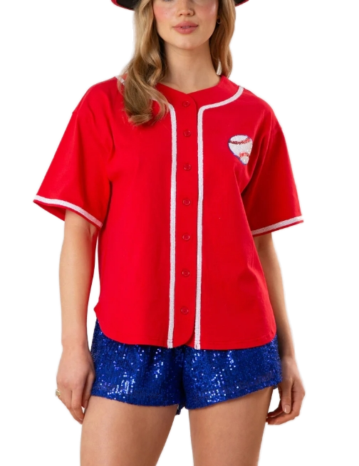 Hot sale 100% cotton sequin baseball loose fit jersey t shirt custom button up sports day sequin baseball t shirt jersey women