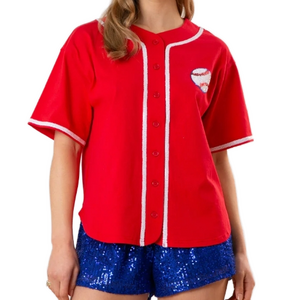 Hot sale 100% cotton sequin baseball loose fit jersey t shirt custom button up sports day sequin baseball t shirt jersey women