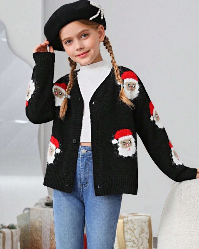 Wholesale supplier button front oversized cardigan hot sale loose fit open front santa girls cardigan sweater for christmas