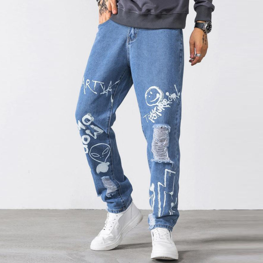 Wholesale fashion medium wash jeans custom private logo and label 100% cotton denim fabric ripped jeans for men stylish