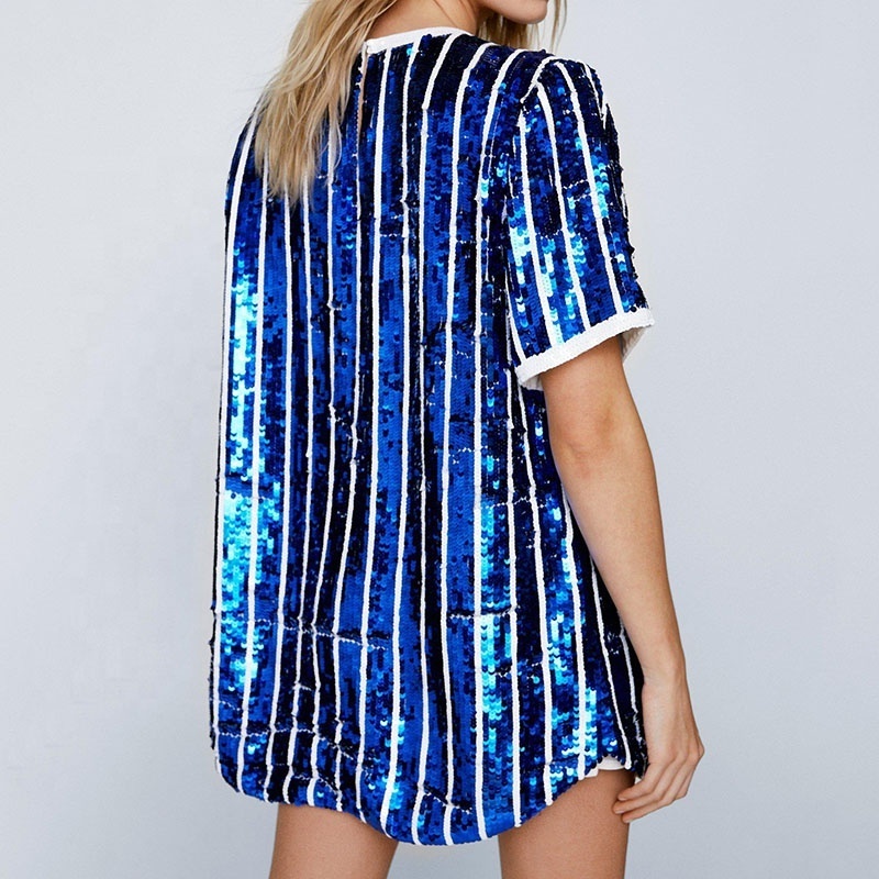 Luxury Short Sleeve Oversized Sequin Stripe Girls Baseball Dress Summer Round Neck Full Body Sequin Women T Shirt Dresses