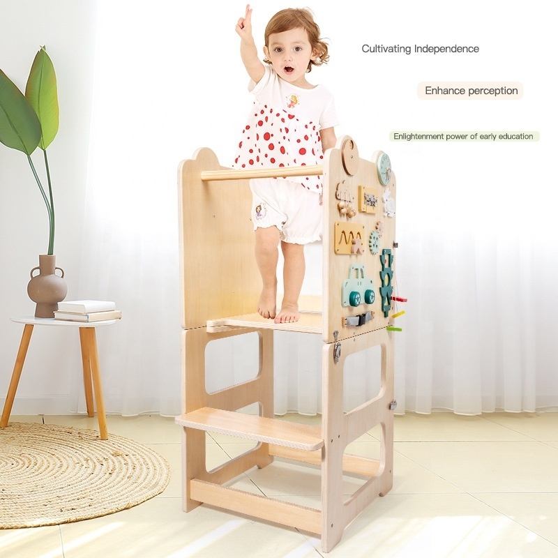 Wooden Multifunction Foldable Kitchen Helper Step Stool Learning Tower With Blackboard Wooden Sensory Busy Board Montessori Toys