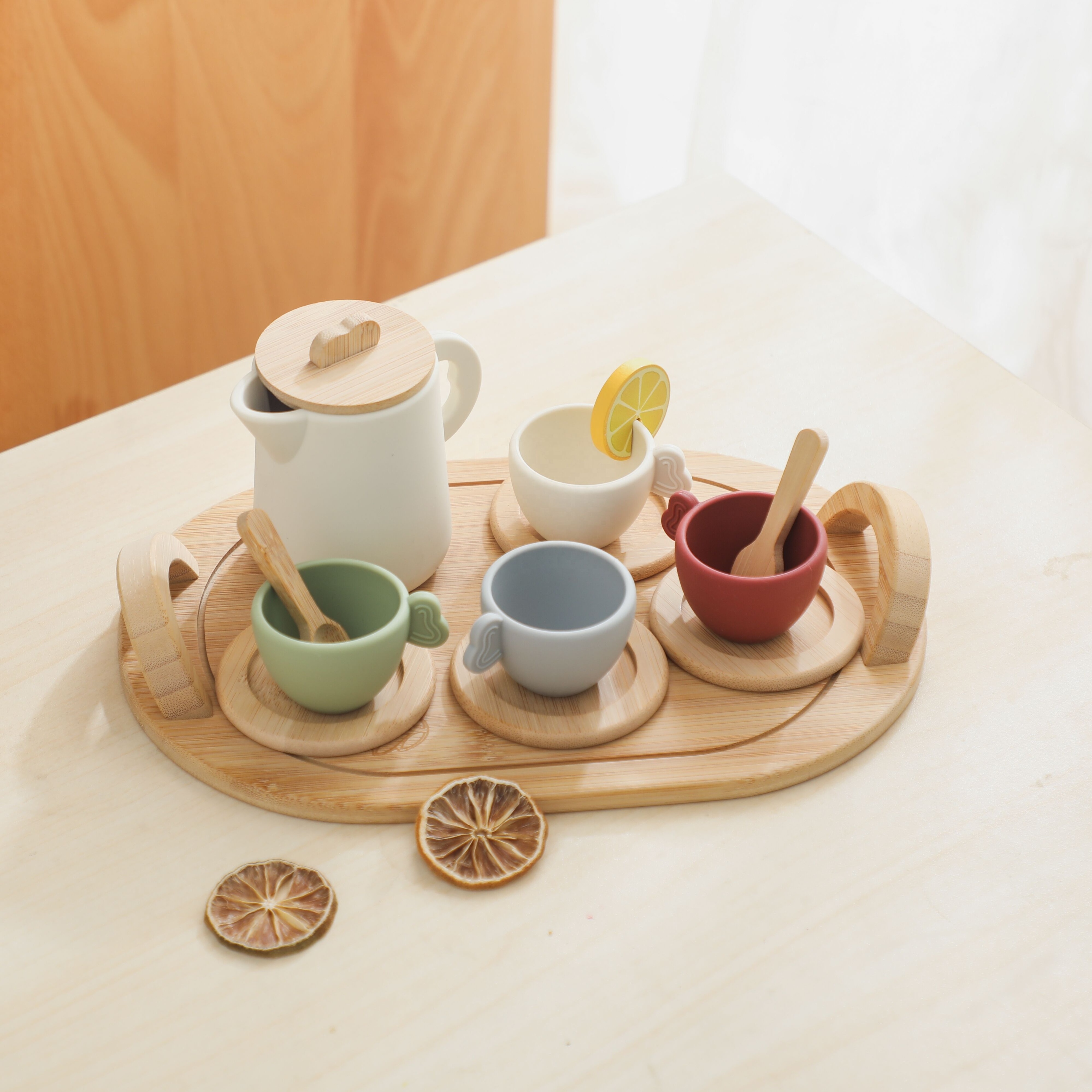 Hot Sale Wooden Kitchen Simulation Afternoon Tea Toy Set Silicone Cups Parent-child Game Role Pretend Play Toys for Kids Toddler