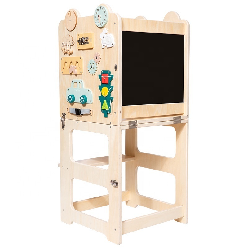 Wooden Multifunction Foldable Kitchen Helper Step Stool Learning Tower With Blackboard Wooden Sensory Busy Board Montessori Toys