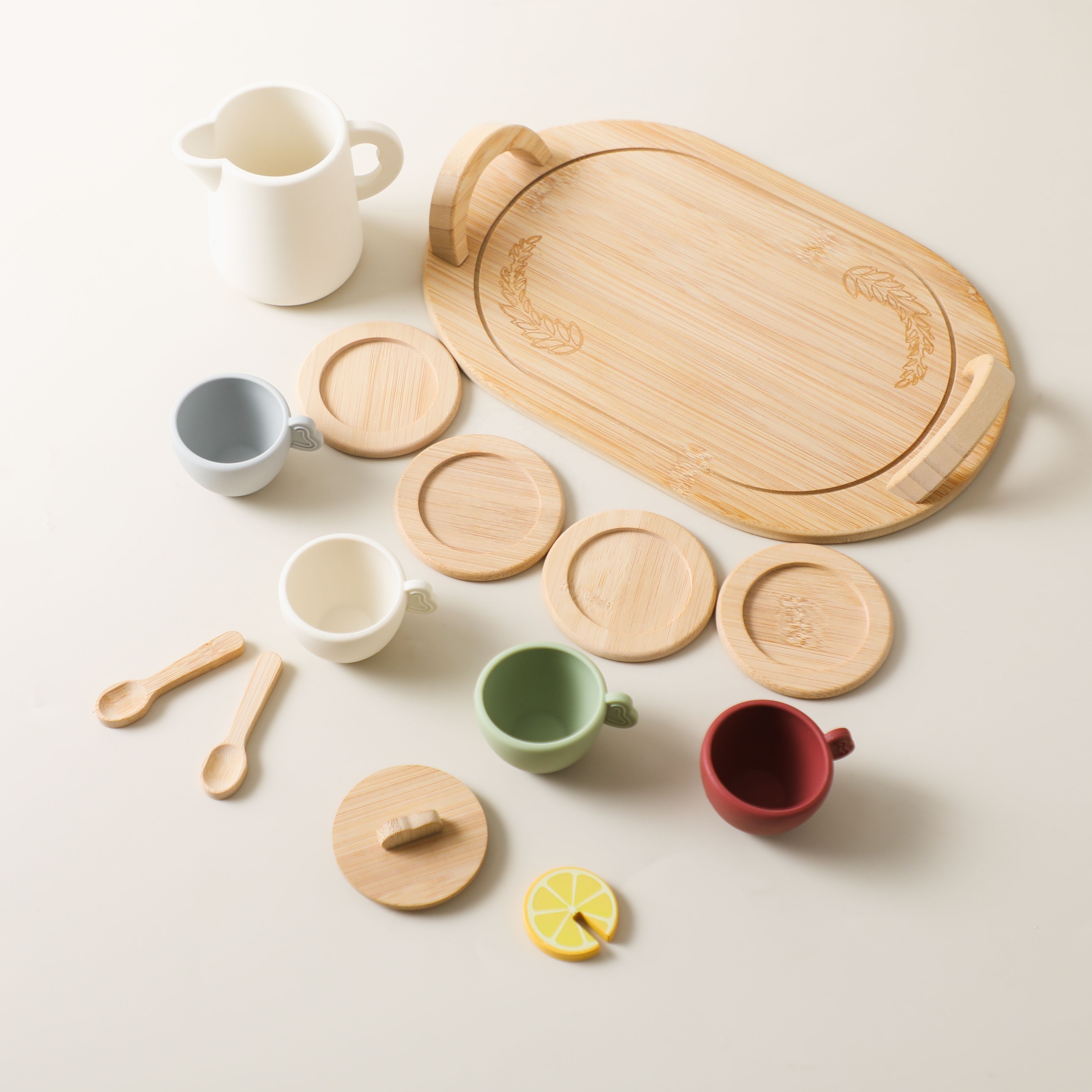 Hot Sale Wooden Kitchen Simulation Afternoon Tea Toy Set Silicone Cups Parent-child Game Role Pretend Play Toys for Kids Toddler