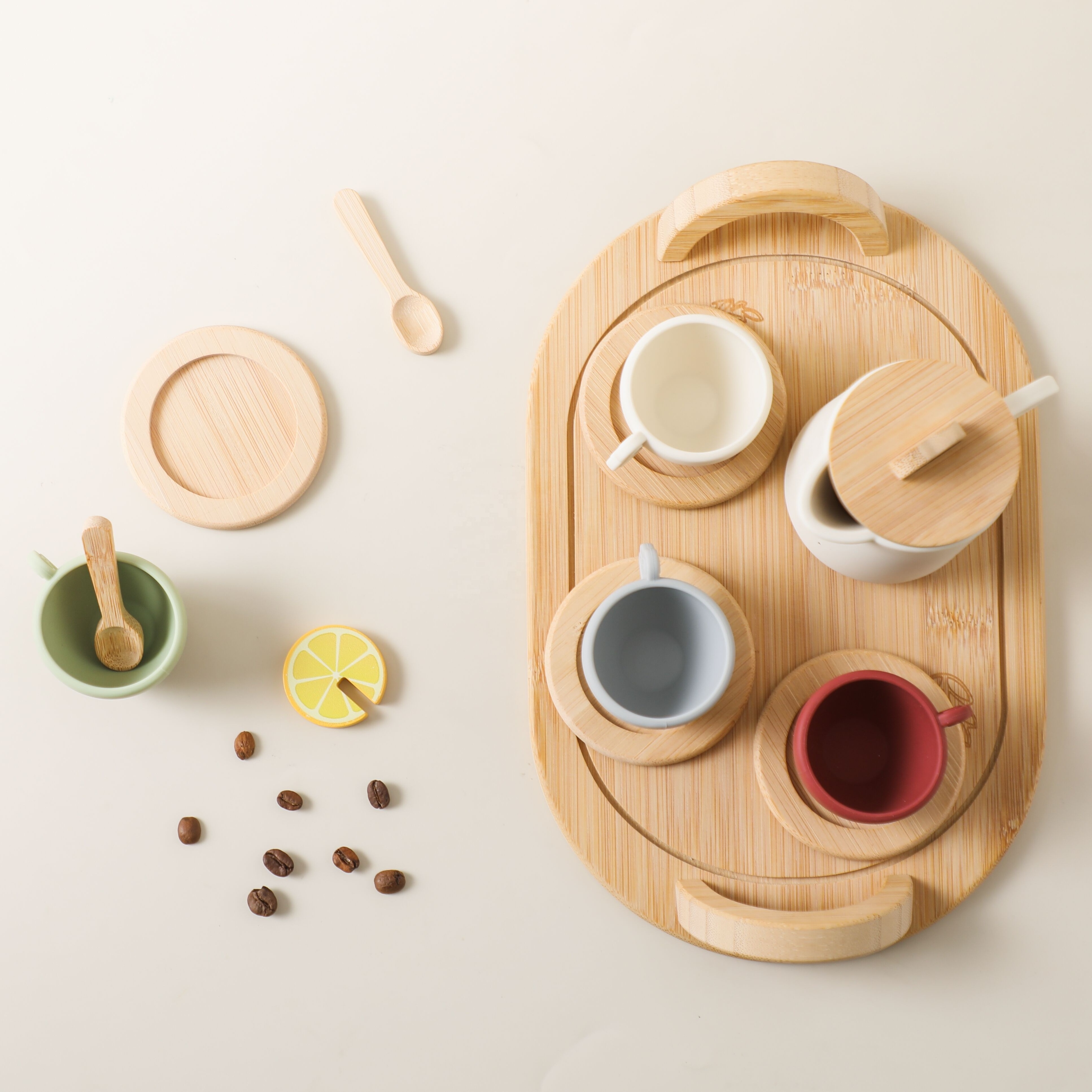 Hot Sale Wooden Kitchen Simulation Afternoon Tea Toy Set Silicone Cups Parent-child Game Role Pretend Play Toys for Kids Toddler