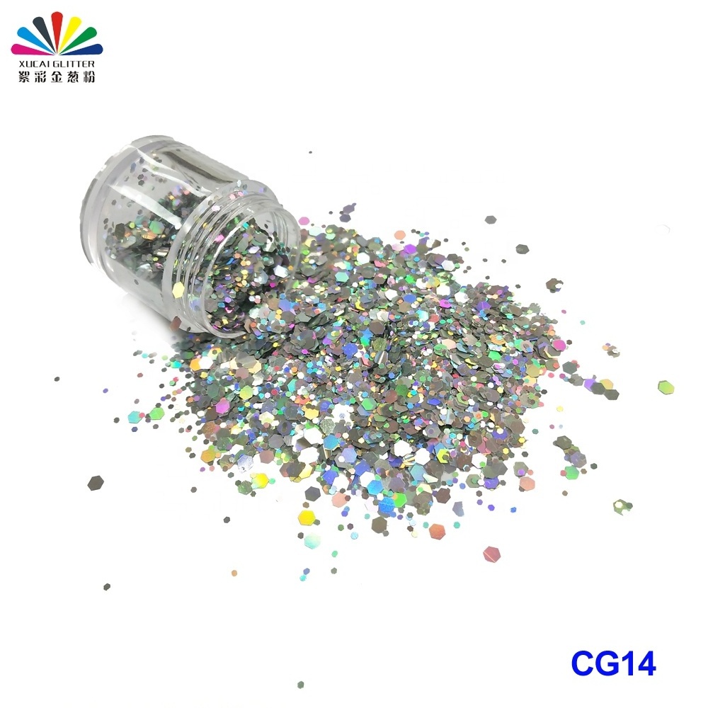 Bulk chunky holographic polyester hexagon glitter wholesale cosmetic nail glitter