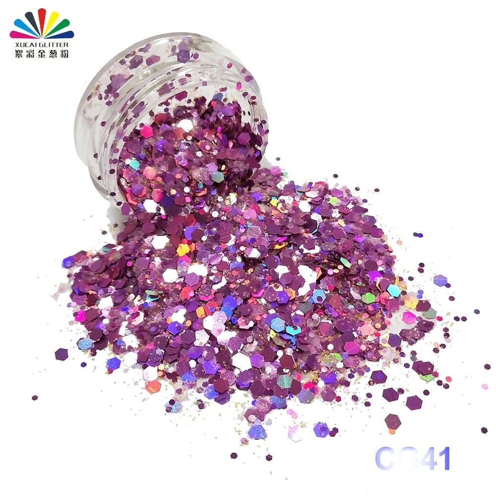 Bulk chunky holographic polyester hexagon glitter wholesale cosmetic nail glitter