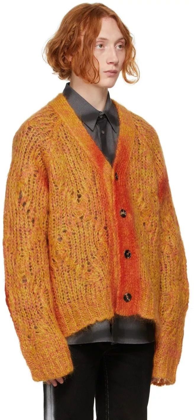 OEM Long Sleeve Knit Winter Striped Mohair Blend Cardigan Sweater Men Mohair Fuzzy Knitwear