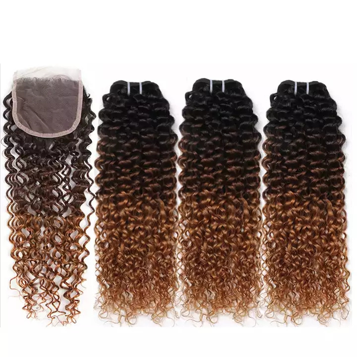 1b 4 30 Kinky Curly Hair Virgin Brazilian Remy Hair 3 Hair Bundles With 4*4 Lace Closure