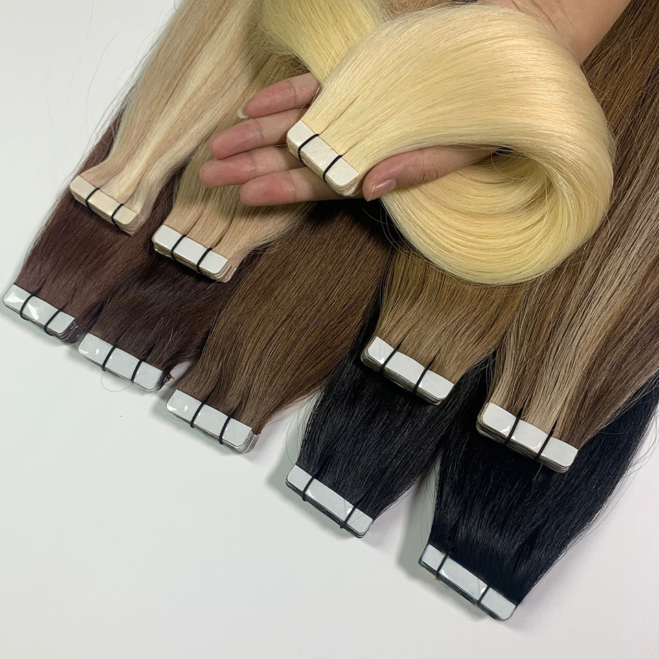 Factory Supplier Tangle Free Shedding Free Remy 100% Human Adhesive Tape Hair Extension For White Women