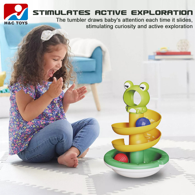 Early educational track spinning roly poly toys cute frog ball drop and roll swirling tower for baby tumbler toy