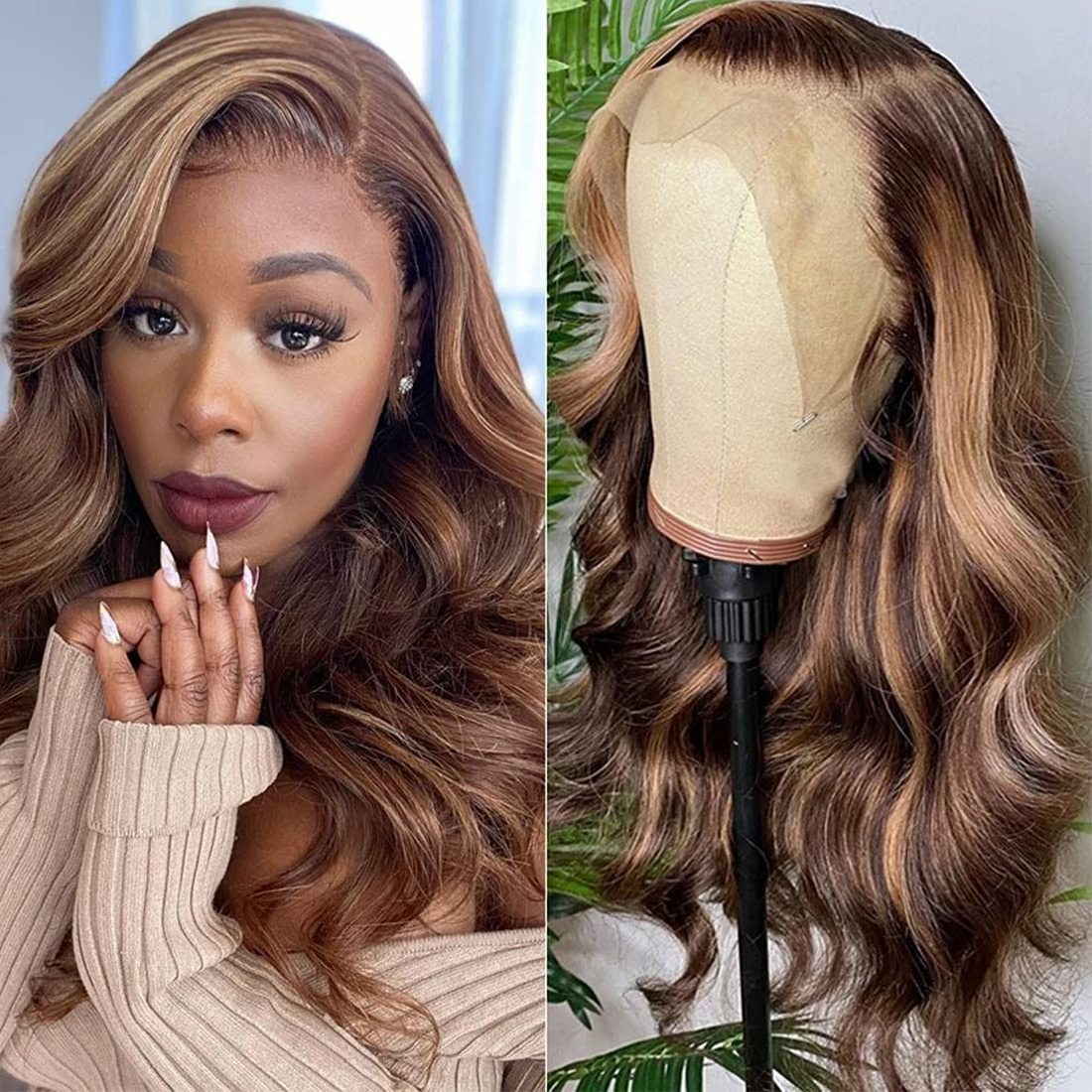 Uniky 13x4 lace frontal piano highlights bodywave wig dark brown wig with blonde highlights chocolate highlight human hair wig