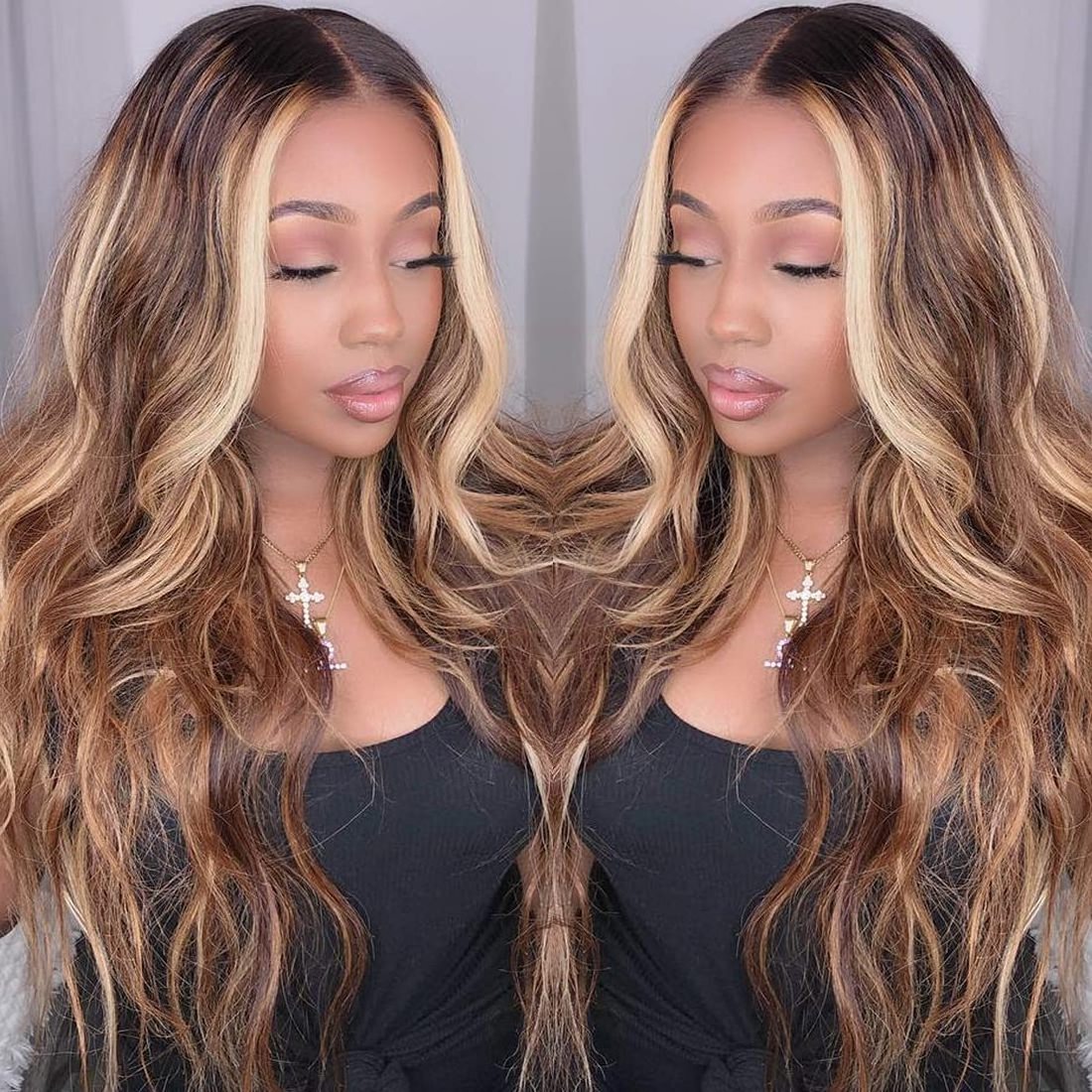 Uniky 13x4 lace frontal piano highlights bodywave wig dark brown wig with blonde highlights chocolate highlight human hair wig