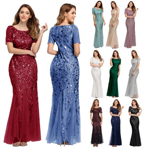 2022 High Quality Elegant Half Sleeve Party Dress Embroidered Sequined Mermaid Long Evening Dress