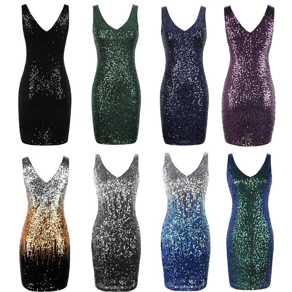 OEM Women's Sexy Deep V-neck Dress Shiny Sequins Slim Elastic Mini Dress Temperament Prom Evening Dress