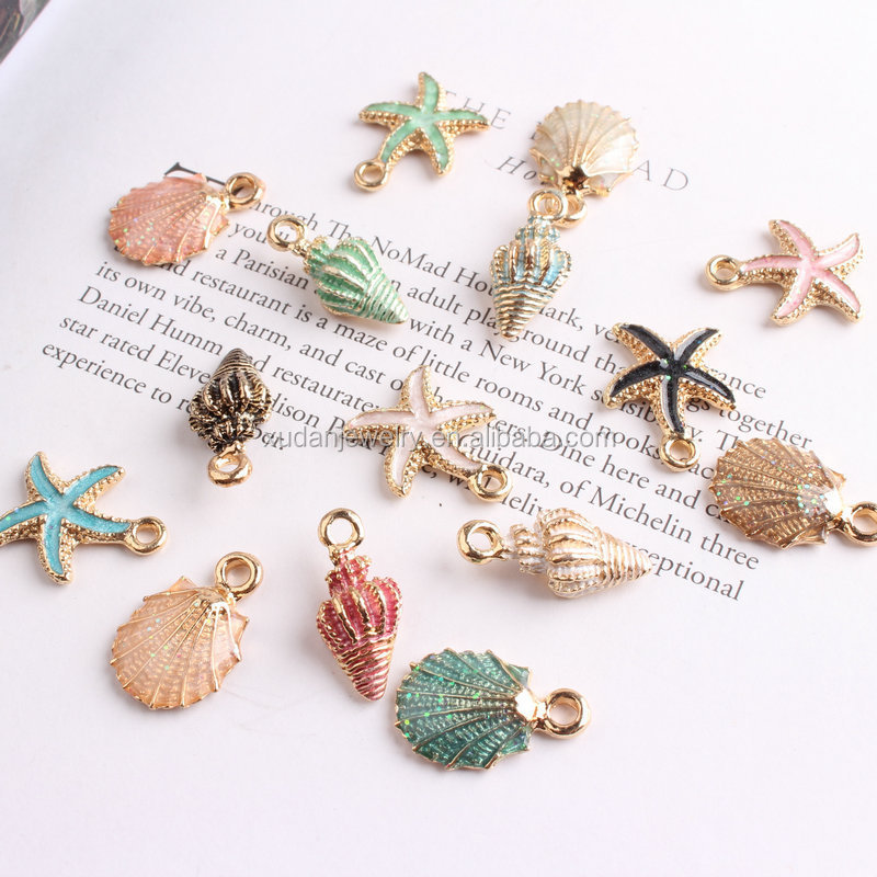 Diy Unique Gold Plated Metal Alloy Pink Enamel Starfish Sea Shell Charm Pendant For Jewelry Making